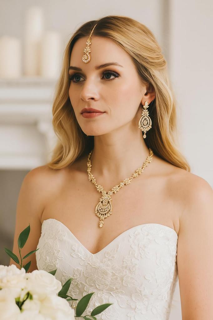 Touchstone Women's Indian Jewelry Set, Maang Tikka Wedding Guest Gold Necklace, Bollywood Jewelry Set, Pageant Elegant Prom Bride Accessory, Western