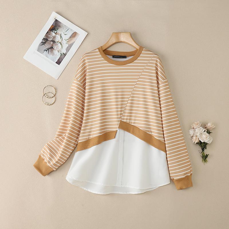 ZANZEA Women Casual Round Neck Long Sleeve Stripe Patchwork Pullover Tops