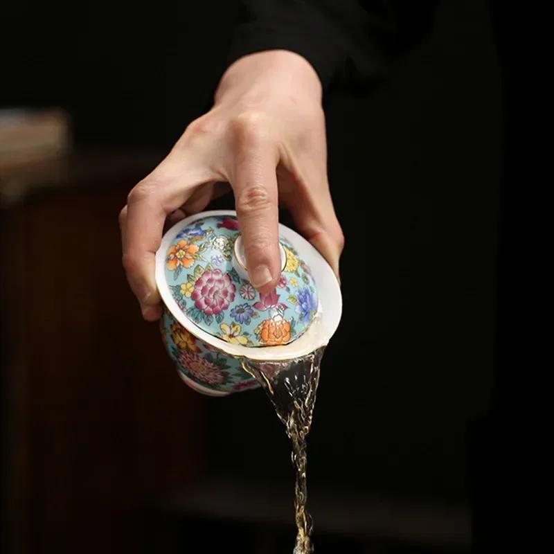 Chinese Enamel Color Ceramic Gaiwan Pot Bearing Handmade Flowers Porcelain Tea Bowl Teacup Household Tea Infuser Travel Teaware