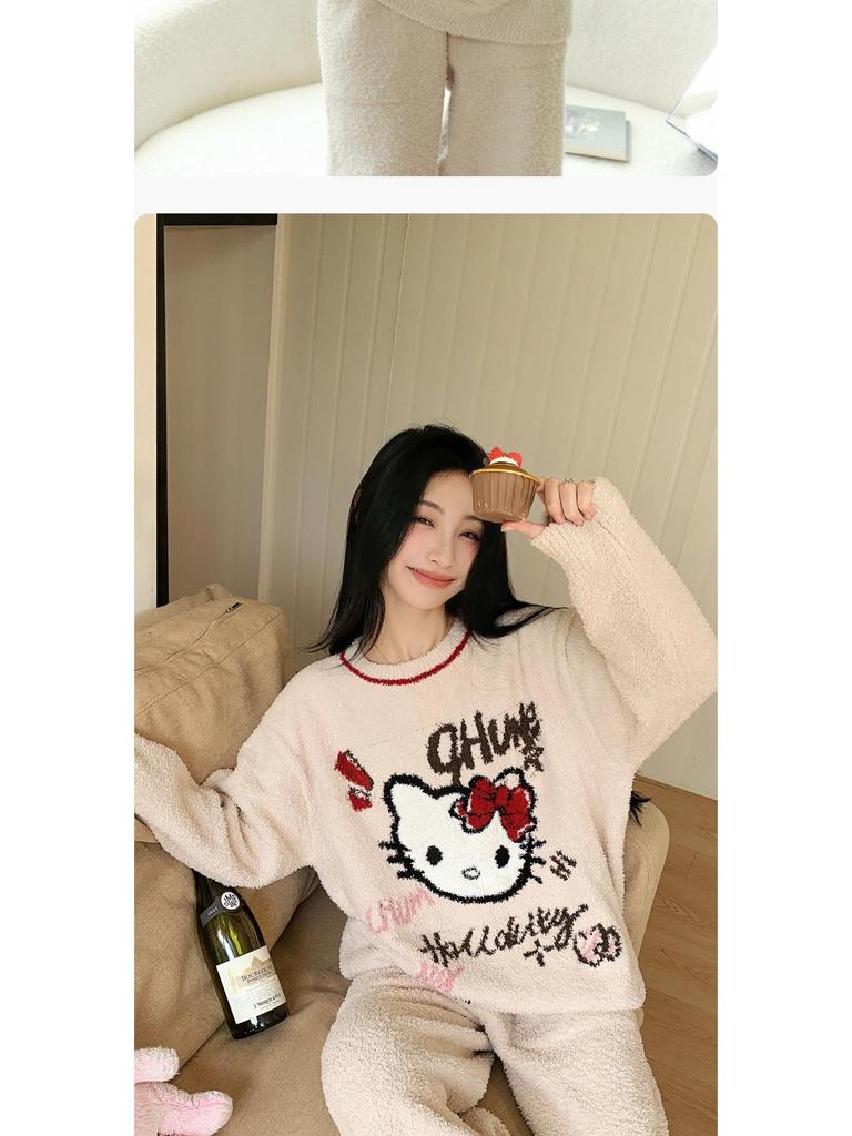 2025 Autumn/Winter Women's KT Cat Thickened Velvet Pajamas Set - Warm Long-Pile Fleece Homewear