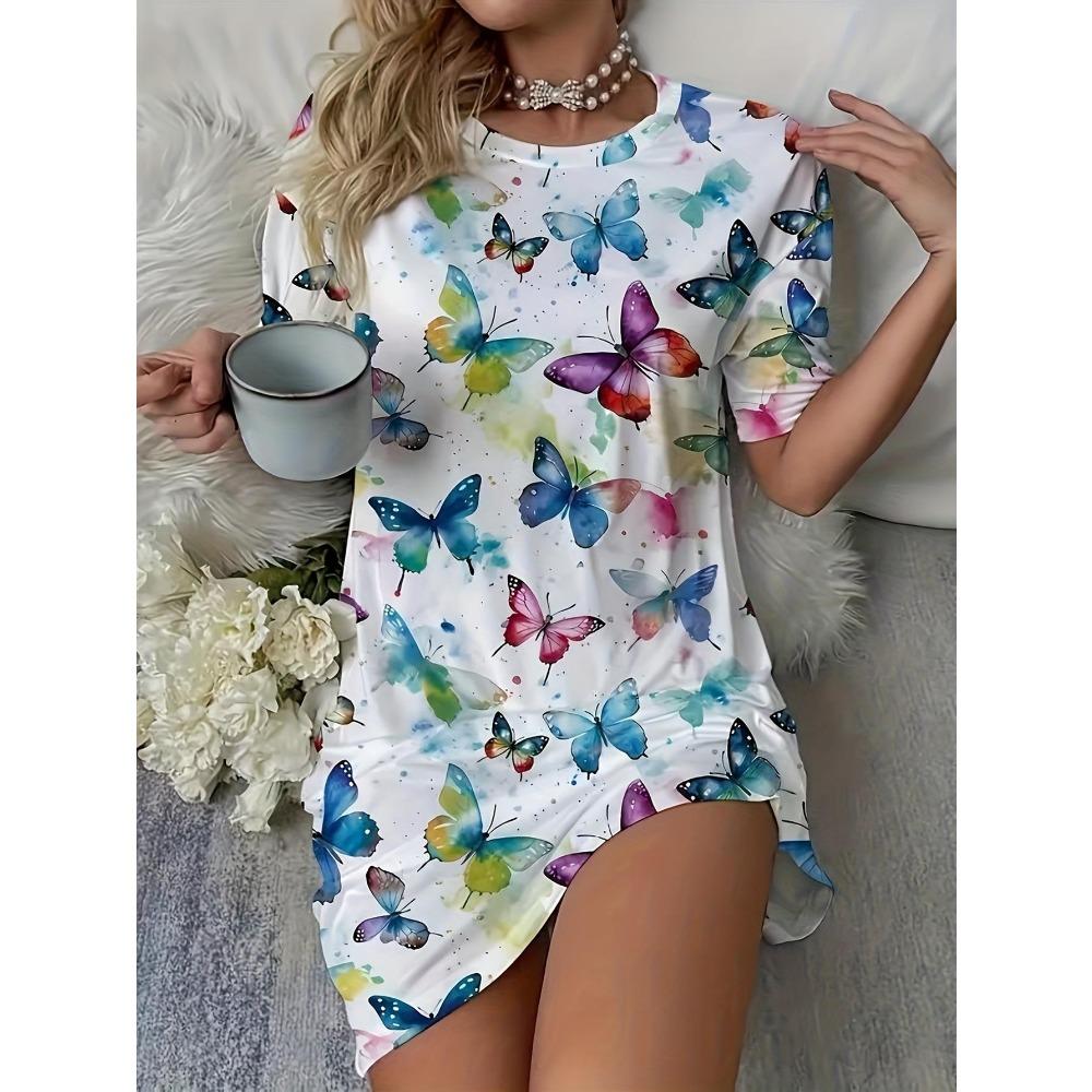 Women'S Fun Sleep Round Neck Nightgown, 'Let Me Sleep' Letter Polka Dot Printed Loose T-Shirt