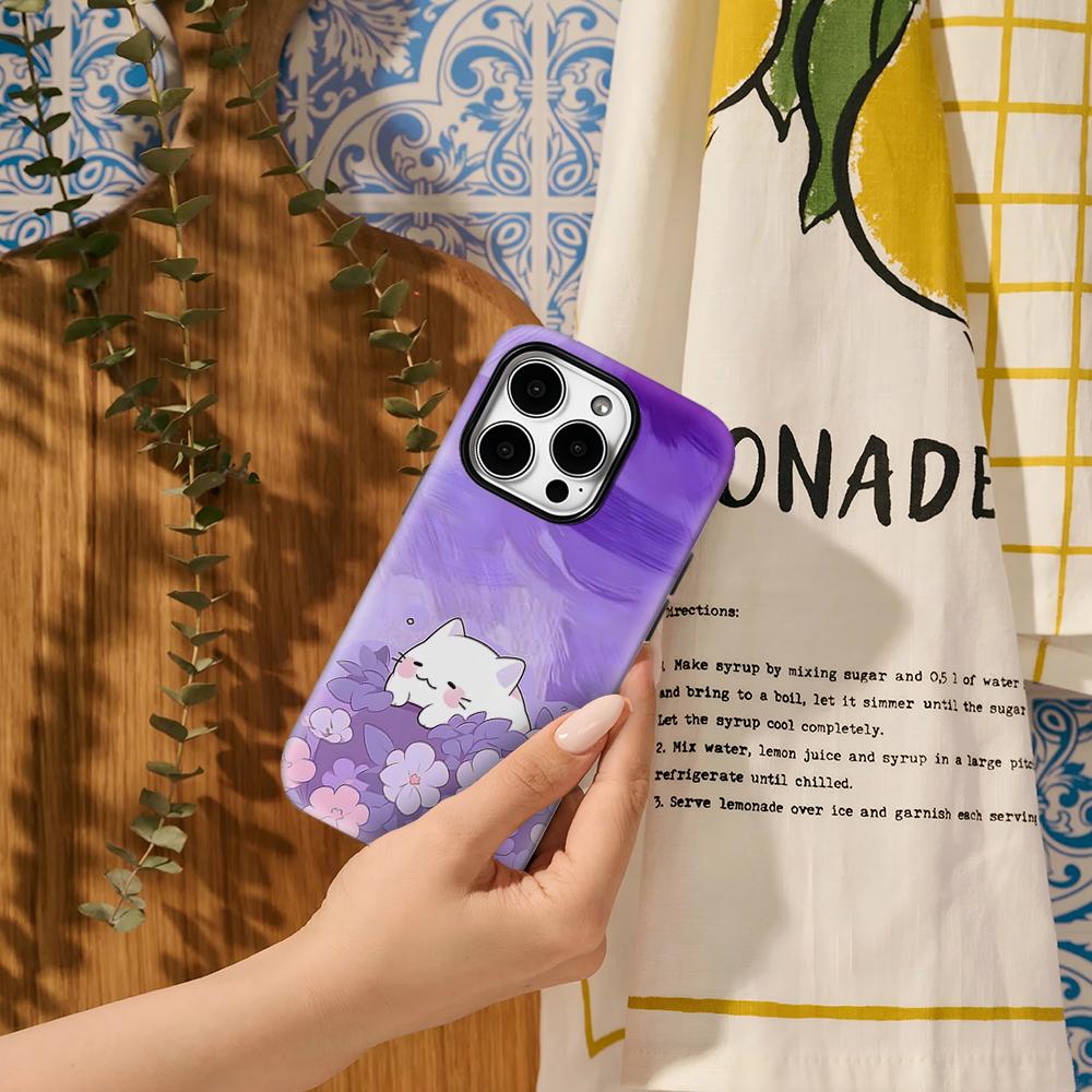 Purple Floral Kitten Phone Case for IPhone 17AIR 16E 16 15 14 13 12 11 17 Pro Max Plus Double-layer Back Cover