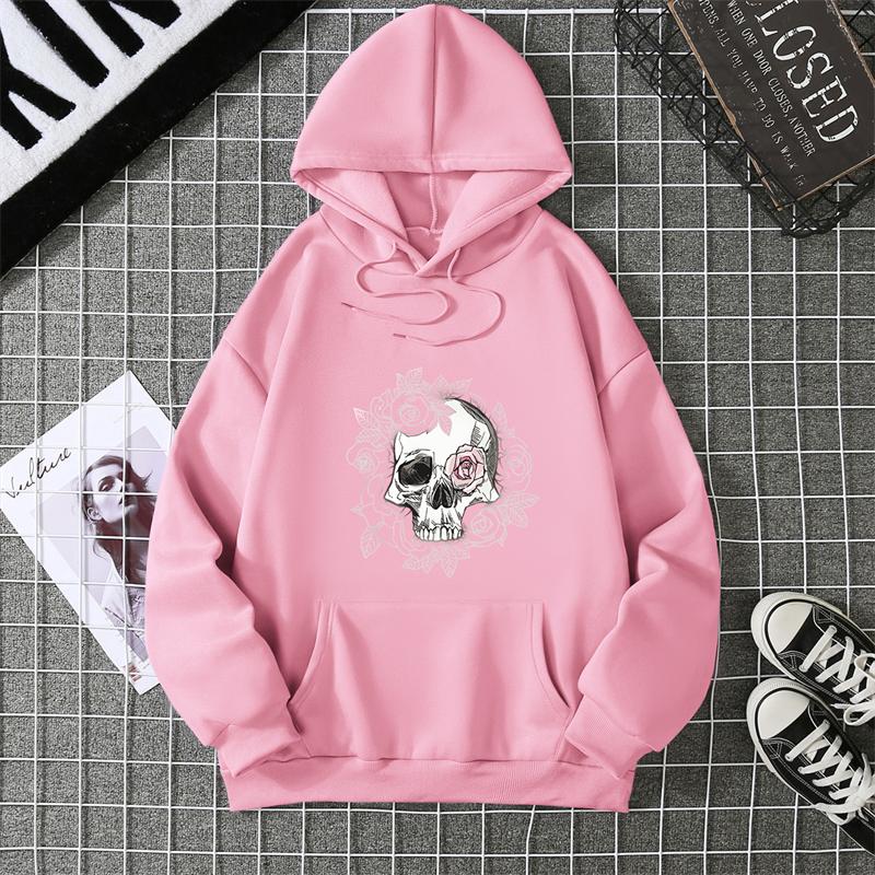 Autumn Winter Couple Style Sunflower Skull Print Hoodie Men Women Casual Simple Top Streetwear Sleeve Decorated Hoodie