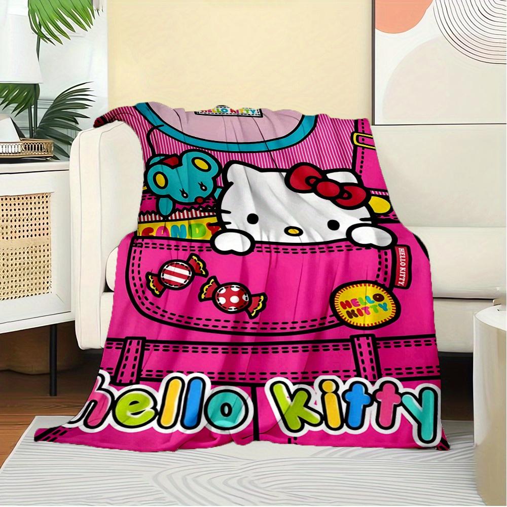For Candy, Pocket, HelloKittyAnime-Themed Flannel Blanket, Glam Style, Digital Print, All-Season Comfort, Tear-Resistant, Knitted Craftsmans