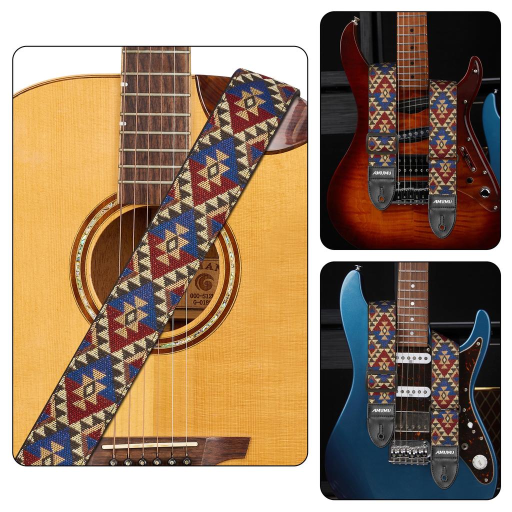 Amumu 2-Inch Triangle Toteum Woven Guitar Strap Tribal Geometric Multi-Color Vegan Leather Ends Adjustable 37-63 Inches Acoustic Electric Bass Guitars