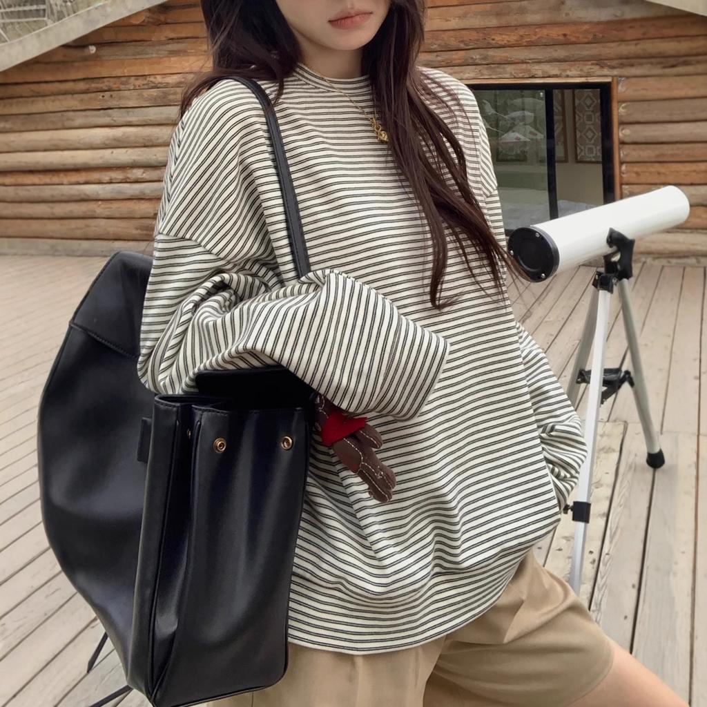 Ins Super Fire Striped Long-sleeved T-shirt Women's Spring and Autumn New Loose Korean Version Lazy Top Inside and Outside Bottoming Shirt