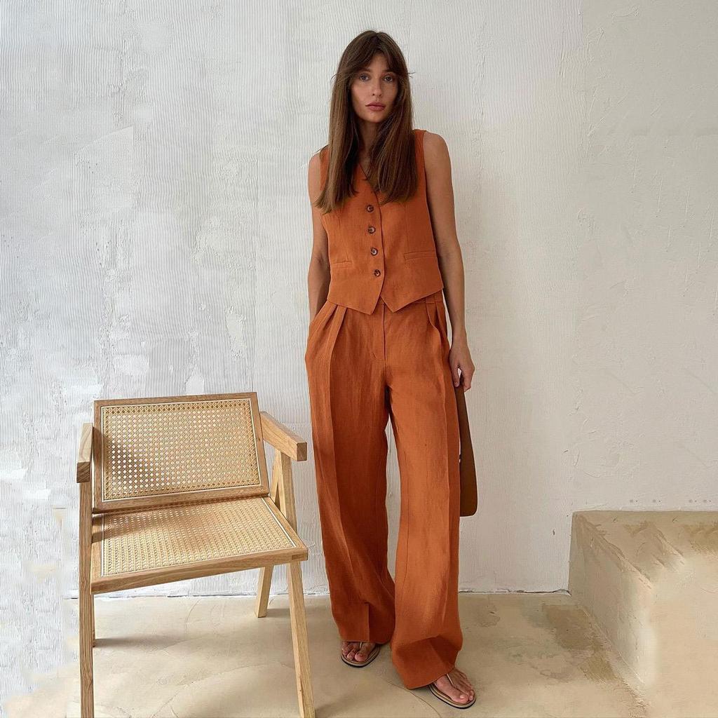 Zweiteiliges Set für Damen, Weste, ärmelloses Hemd, hohe Taille, Kordelzug, Hose, große Größe, modische Anzüge