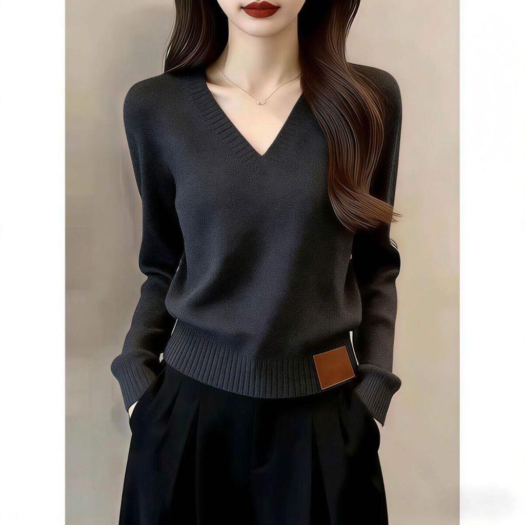 Korean-Style V-Neck Ribbed Hem Pullover Top