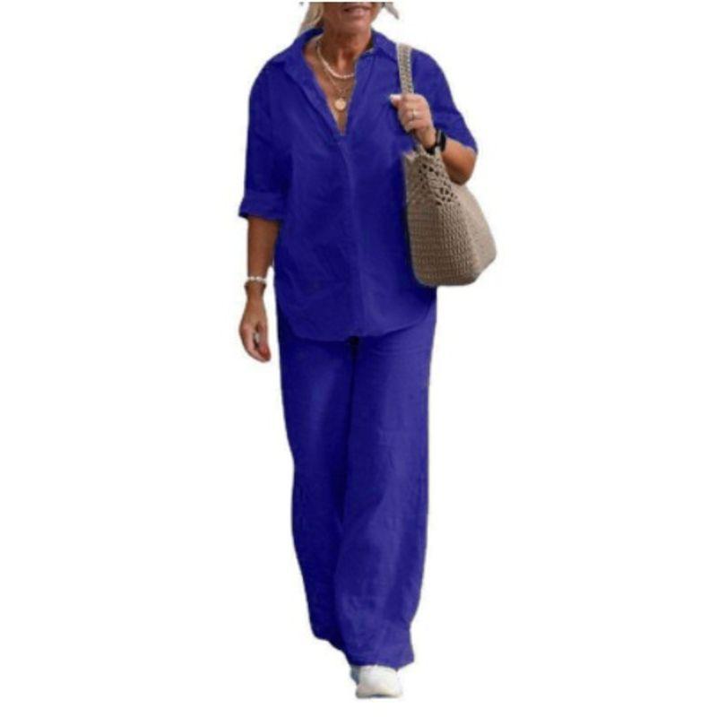 Lapel Long sleeve Shirts Spring and Autumn Leisure Solid Color Pants Wide Leg Suit Casual Top and Pants Set