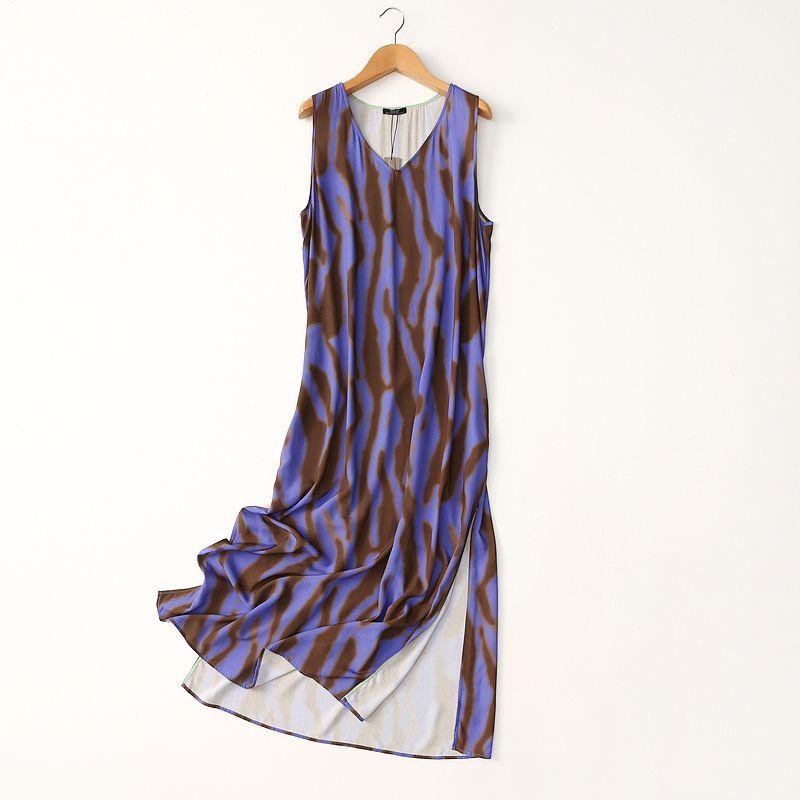

Foreign Trade Export Hem Split Print Cotton Silk Vest Skirt Summer Thin V-neck Artificial Cotton Beach Skirt Long dress Purple One size