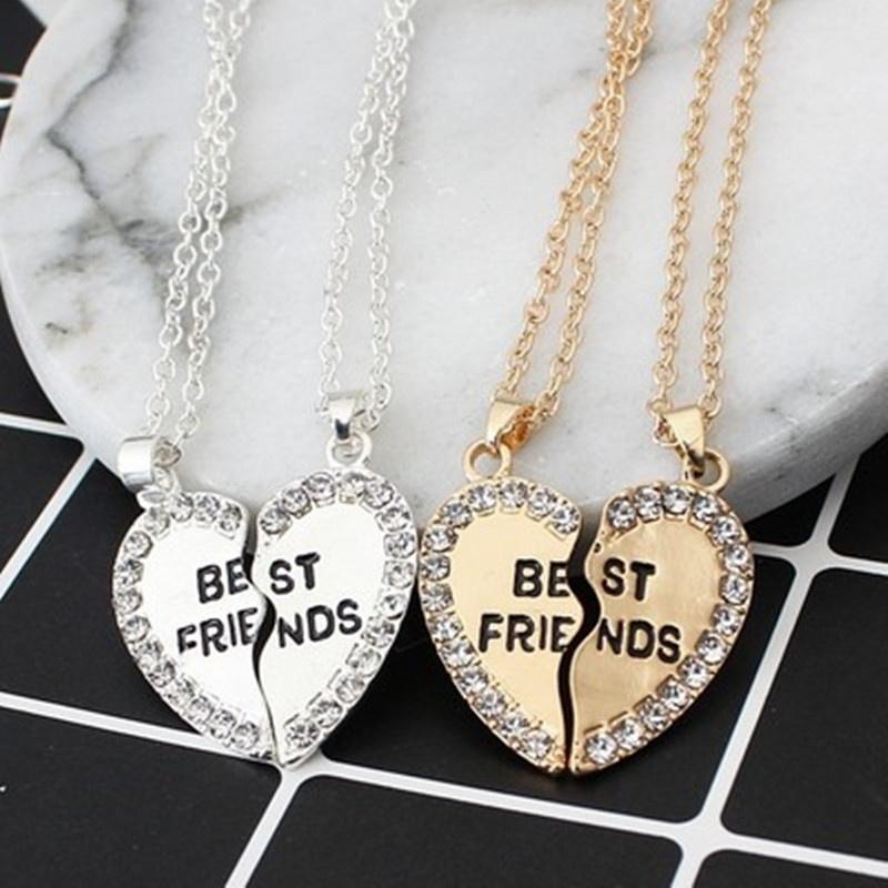 2 Pcs/Set  Best Friends Love Heart Pendant Charm Chain Necklace Jewelry  (Size: One Size, Color: Sil