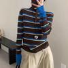 Kontrastowe kolory Swetry w paski w stylu vintage Odzież damska Półwysoki kołnierz Jesień Zima Stylowe zapinane na guziki Wąskie dzianinowe pulowery