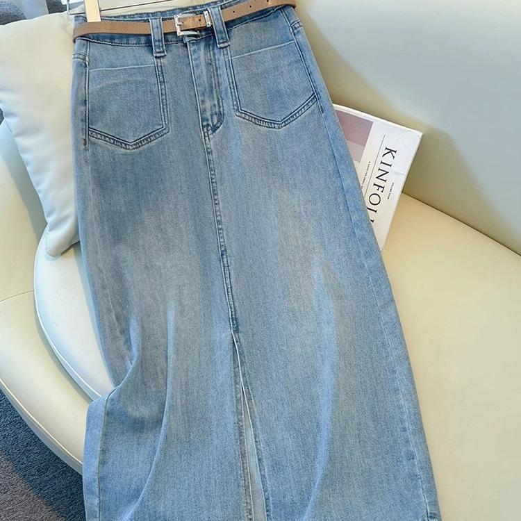 

Women’s High-Waisted A-Line Light Denim Midi Skirt with Slit, Spring/Summer 2025 Collection 28/L, for 105-115 jin