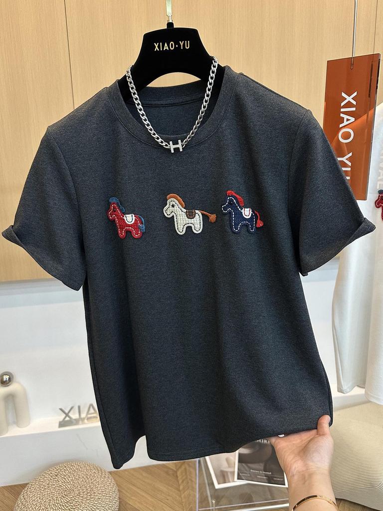 2026 Spring/Summer Women's Cartoon Embroidered Short Sleeve T-shirt - Stylish, Youthful Look