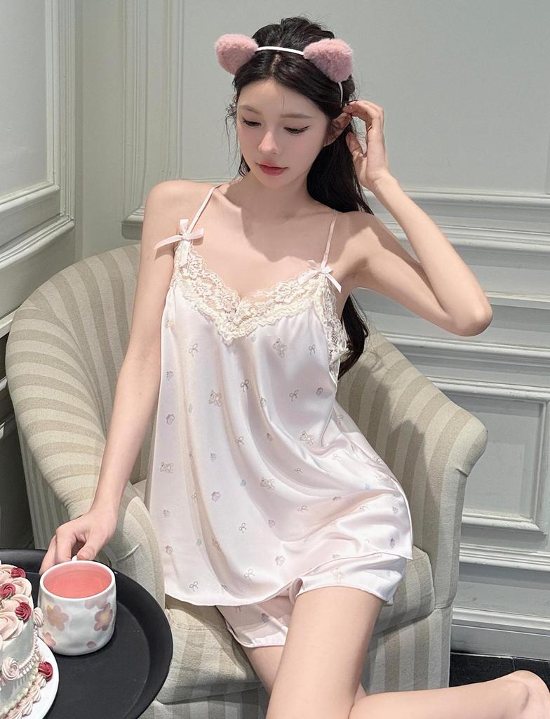 New Pajamas Women's Pure Desire Wind Suspender Shorts Loungewear Printed Pajamas Set Lace
