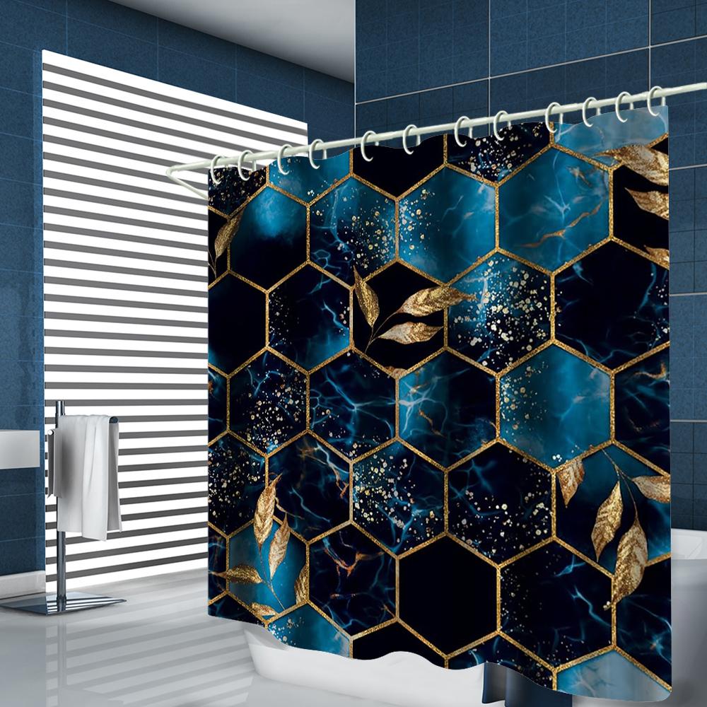 1/4 Geometriskt rutnät duschdraperier, Toalettsitsdekoration, Duschdraperi med matta och toalettlock, 12 70.8x70.8 tum krokar