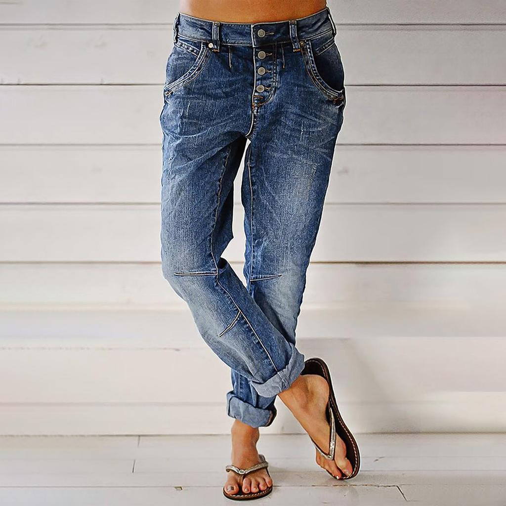 Klassiske allsidige moteriktige denimbukser med høy midje for kvinner
