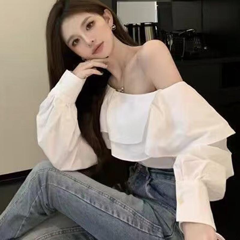Vintage Ruffled Off Shoulder White Blouse Women Fashion Long Sleeve Loose Elegant Shirt Women Slim Fit Casual Slash Neck Sexy Tops 24304