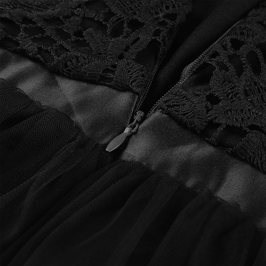 Frauen Sommer Casual Einfarbig O-ansatz Zurück Zipper Mid-hülse Nähte Spitze Mesh Mit A-linie Abendkleid