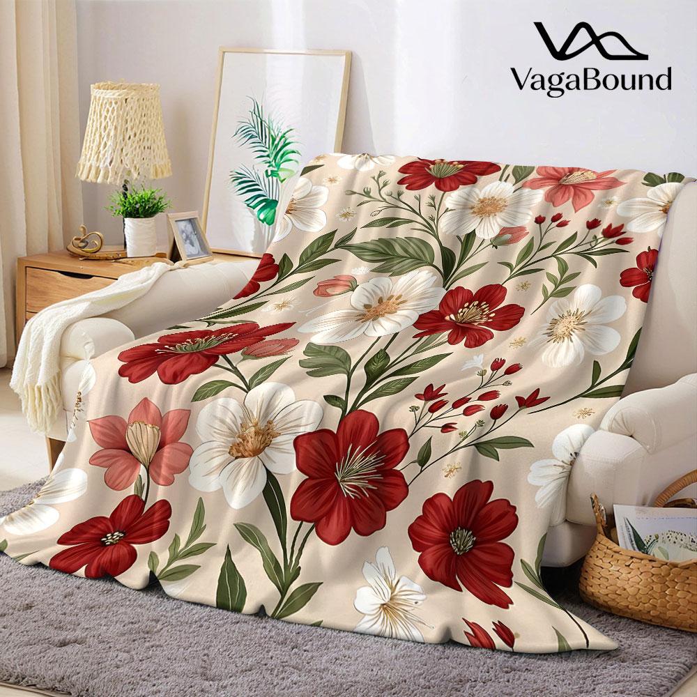 red white vintage floral Flannel Blanket Warm Soft Halloween Christmas Decorative Couch Warm Cozy All-Season Gift