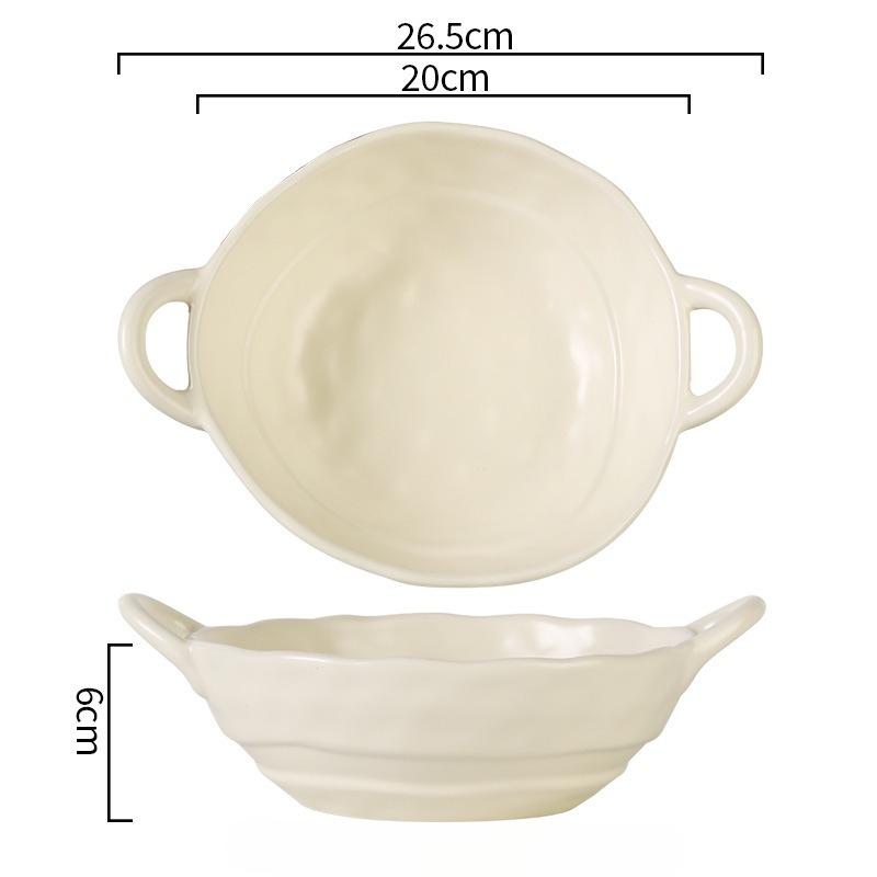 Ceramic Salad Bowl with Handle Binaural Bowl Irregular Ceramic Kitchen Soup Noodles Dessert Salad Bowl Heat-resistant Design 1PC