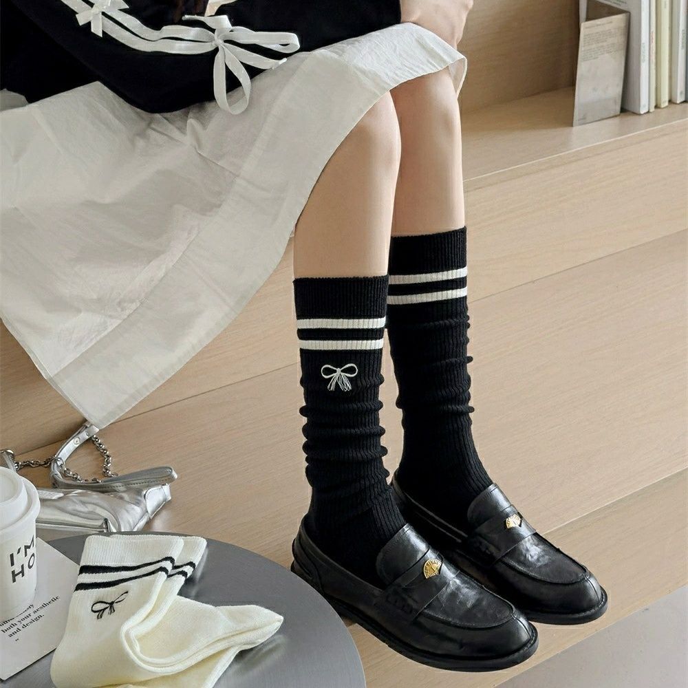 JK Academy Bowknot Calf Socks | Micro-Compression Slimming Double-Stripe Embroidery Ladies' Knee-High Slouch Socks - Simple Style