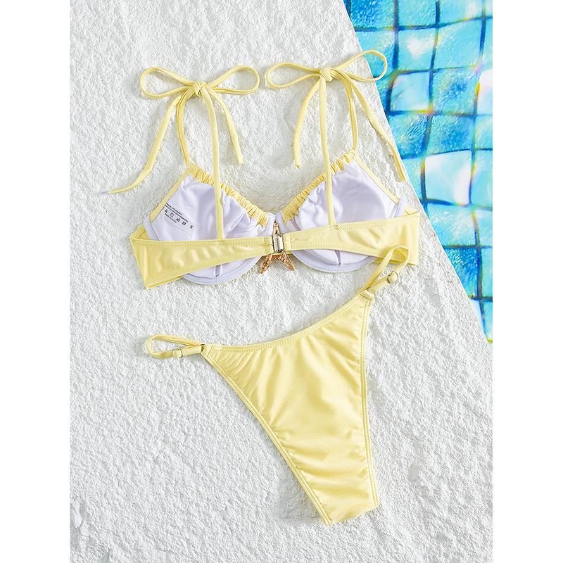 Light Yellow Metal Starfish Bikini Push Up Swimwear Micro Thong Sexy Swimsuit Women Lace-up Straps Bathing Suit Bikinis Set