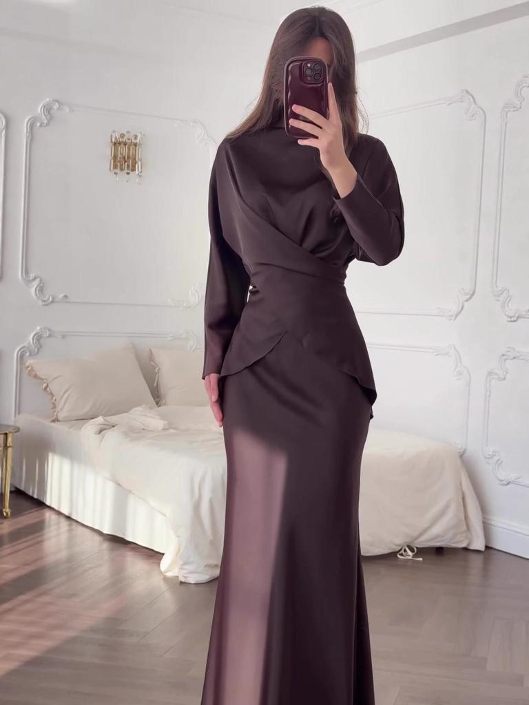 Damen Casual Mode Langarm Taillenbetonendes Oberteil & Fishtail Rock Set - Einfarbige