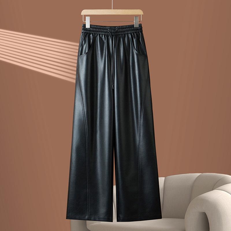 2025 Autumn/Winter Women's High Waist Leather Pants - Stylish Wide-Leg, Loose-Fit, Elastic Drape Trousers