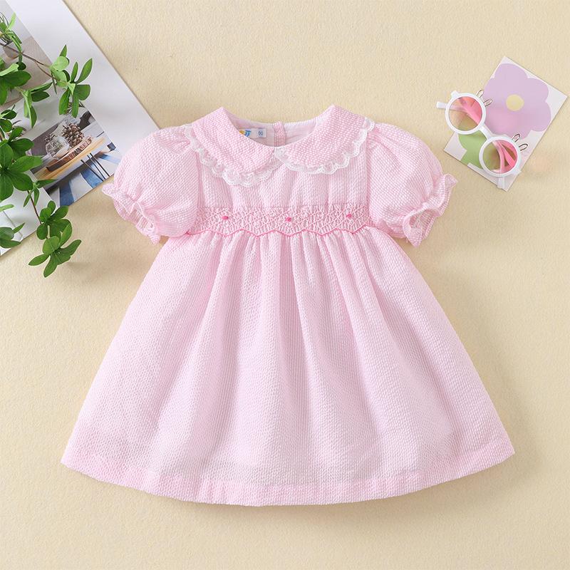 Summer Girls Cotton Dress British Princess Smocked Puff Sleeve Handmade Toddler Party Dress For Kids 80cm розовый