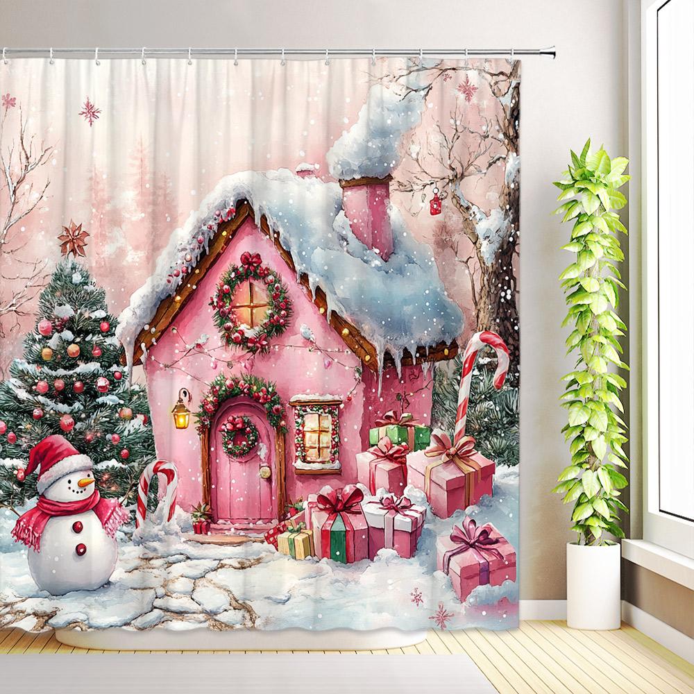 Weihnachts-Schneemann Eichhörnchen Duschvorhang Roter Vogel Winter-Schneeflockenwald Schnee-Landschaft Zeder Rentier Weihnachten Haus Badezimmer Dekoration