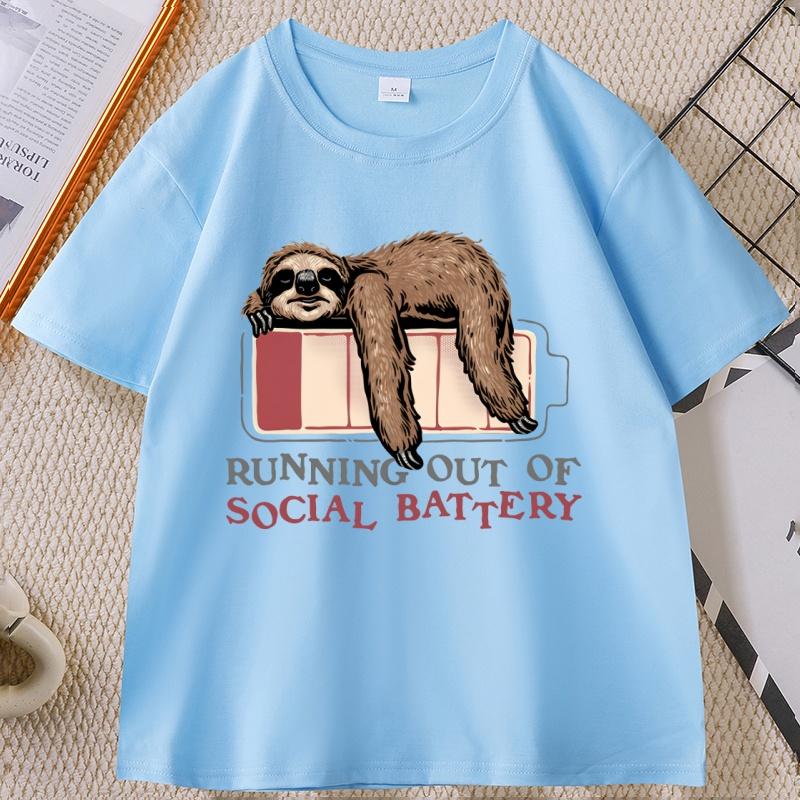 

Running Out of Social Battery Sloth T Shirt Unisex Women Funny Graphic T Shirts Casual Round Neck Printed Short Sleeve Male 4XL