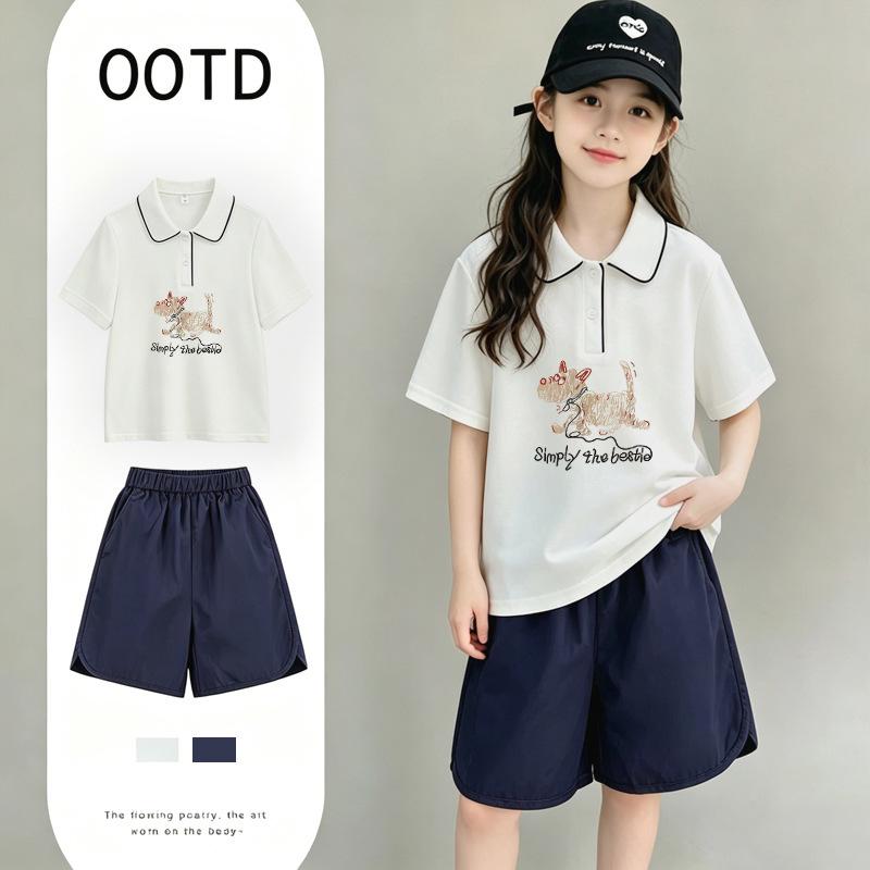 Korean Style Girls' Cotton Polo Shirt Set - Summer Lapel Short Sleeve T-Shirt for Ages 6-12