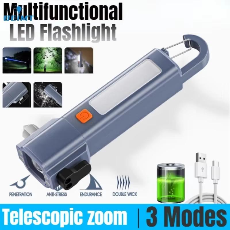 Multifunctional Zoom LED Flashlight with Hammer Built-in 18650 Battery Type-c Rechargeable Bright COB Work Light Camping Torch