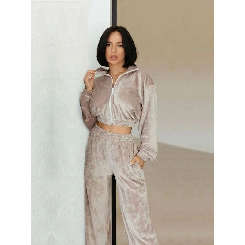 

Мода в западном стиле Повседневный свободный комплект из двух предметов: топ на молнии и брюки Apricot L