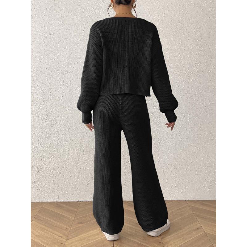 Women S Two Piece Set Long Sleeve Open Front Cardigan Wide Leg Pants Solid Color