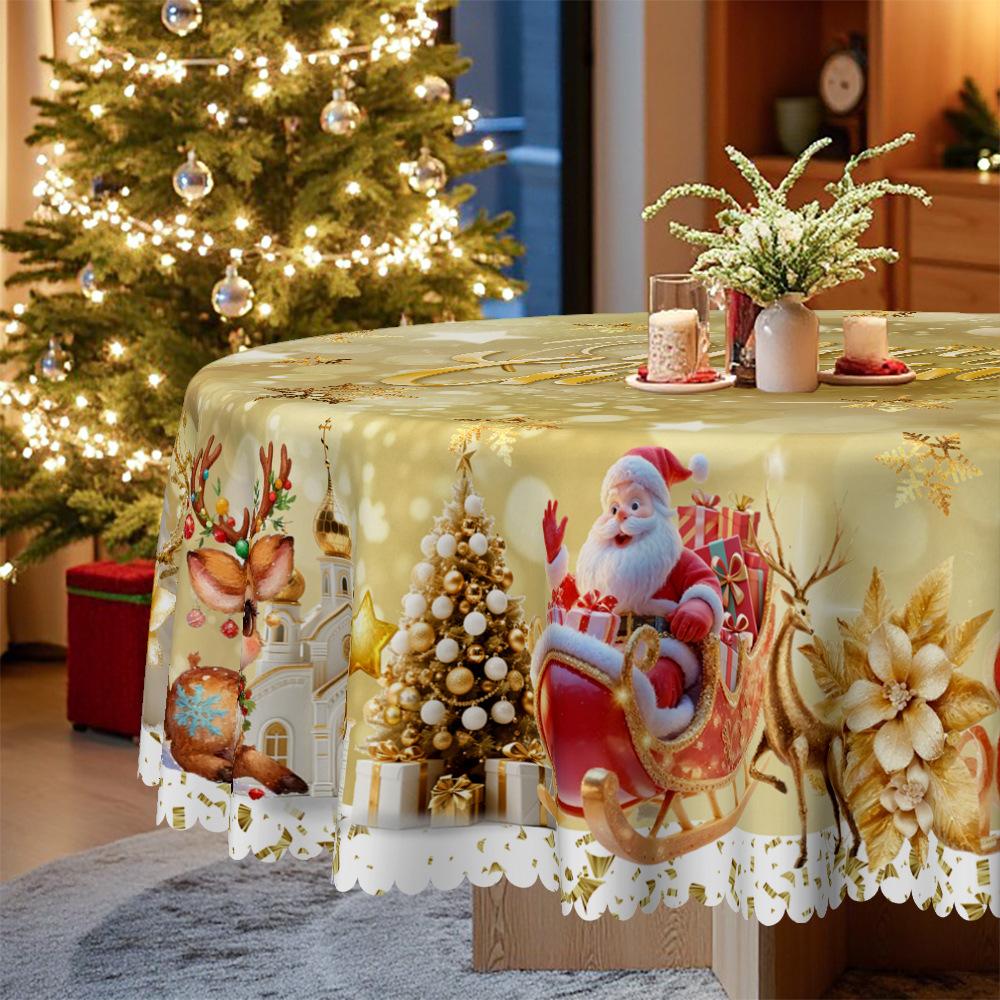 Christmas Round/Rectangular Table Cloth, Warm Yellow Santa Reindeer Sleigh Gold Decoration, Table Cloth