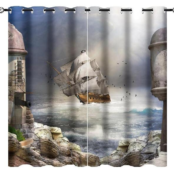

Nautical Vintage Sailing Pirate Ship Blackout Curtain Fantasy Ocean Theme Pirate Ship Adventure Night Sky Grommet Window Reducing Drapes Decor for 21 W x 45 L (Pack of 2)