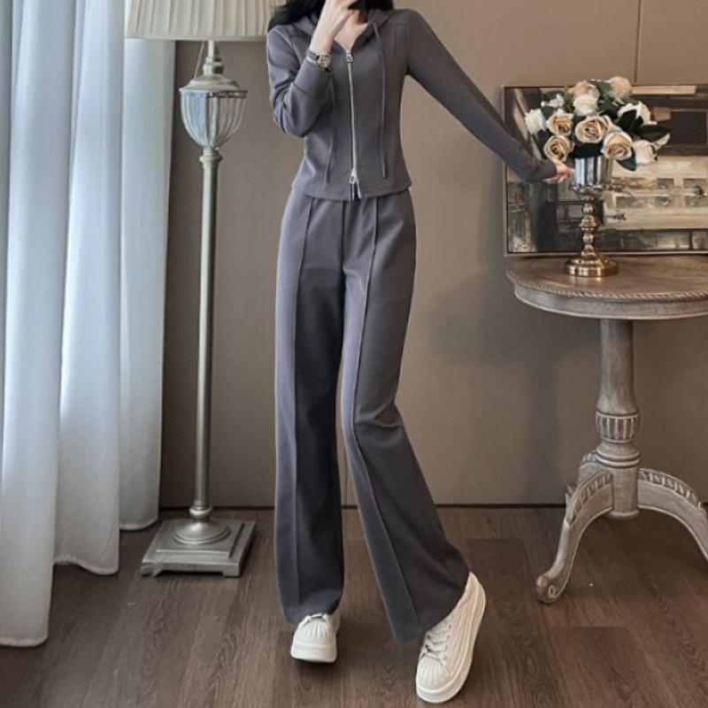 

Модный повседневный спортивный костюм для женщин Ранняя осень Модный облегающий кардиган с капюшоном Брюки с широкими штанинами с длинными рукавами Комплект из двух предметов 2XL