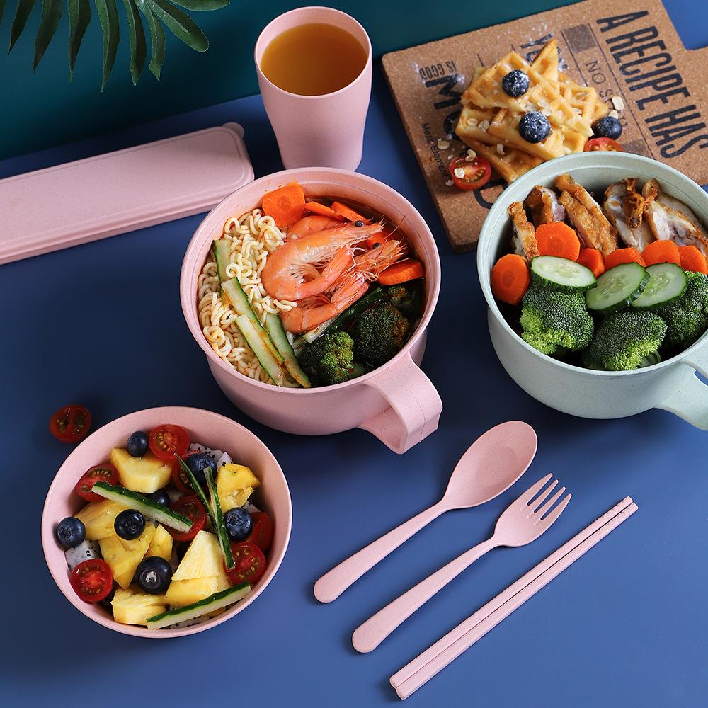 Wheat Straw Noodle Bowl Set with Chopsticks, Fork & Spoon - Ideal for Dorms & Households