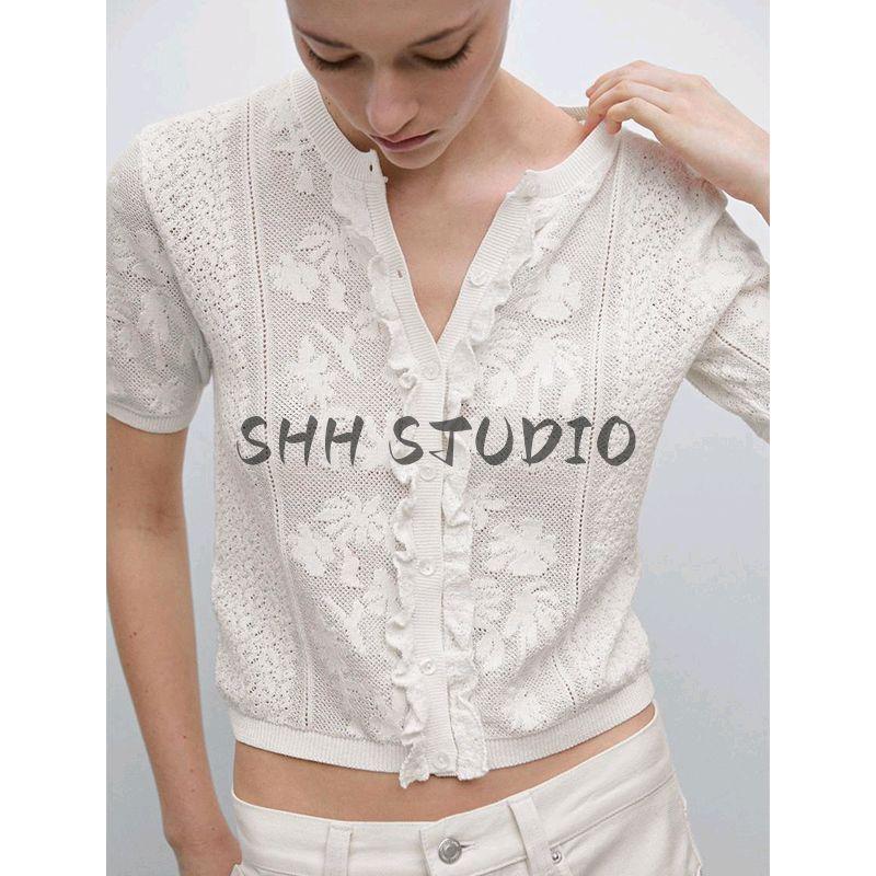MD Spring/Summer New Arrival Women's Clothing French Romantic Style Exquisite Lace Round Neck Short Sleeve Knitting Cardigan 5716677