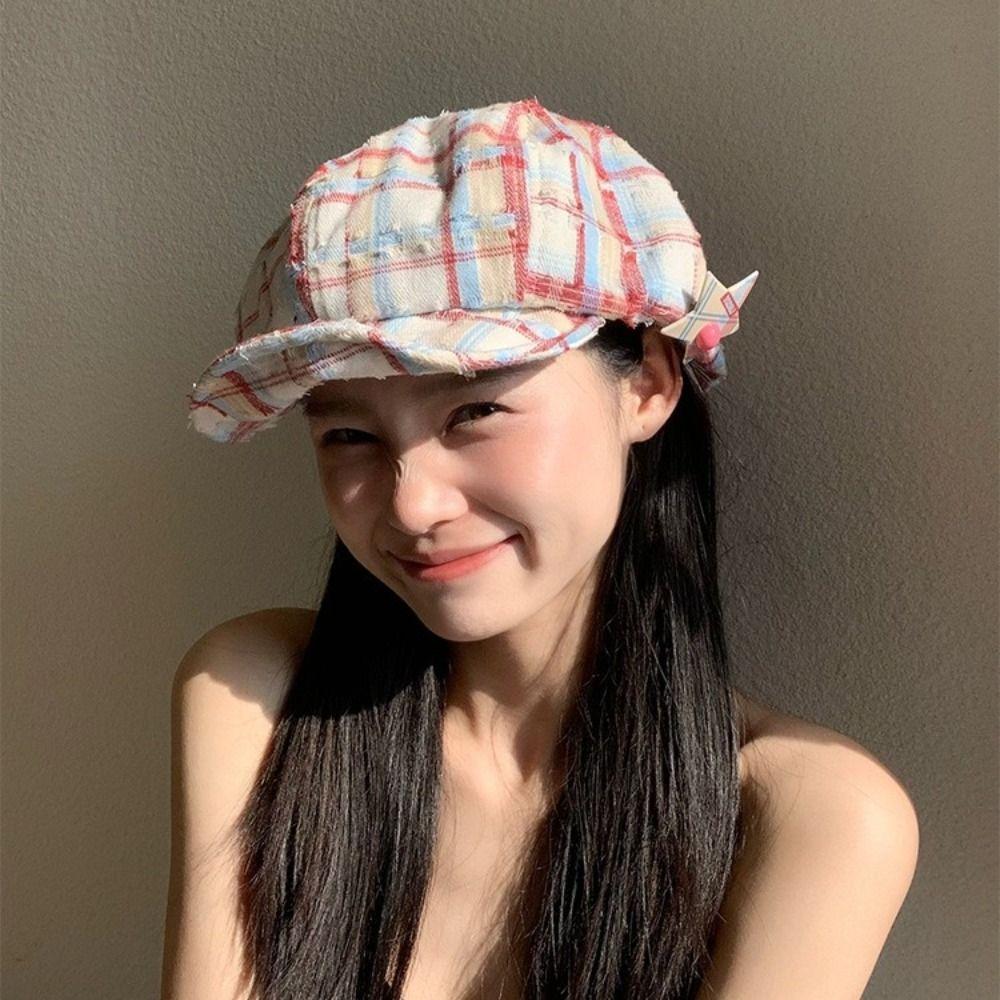 Y2k Octagonal Caps Korean Painter Hat Vintage Plaid Cloud Berets Girls