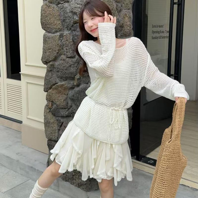 

Летний сексуальный сетчатый свитер с вырезом-лодочкой, пляжная футболка с косым вырезом, женские трикотажные свитера, прозрачные повседневные свободные топы с длинным рукавом One Size