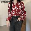 Vintage Tištěná Dámská Červená Košile s Dlouhým Rukávem Raně Jarní Volná Košile s Ochranným Faktorem Top s Květinou Kikyo