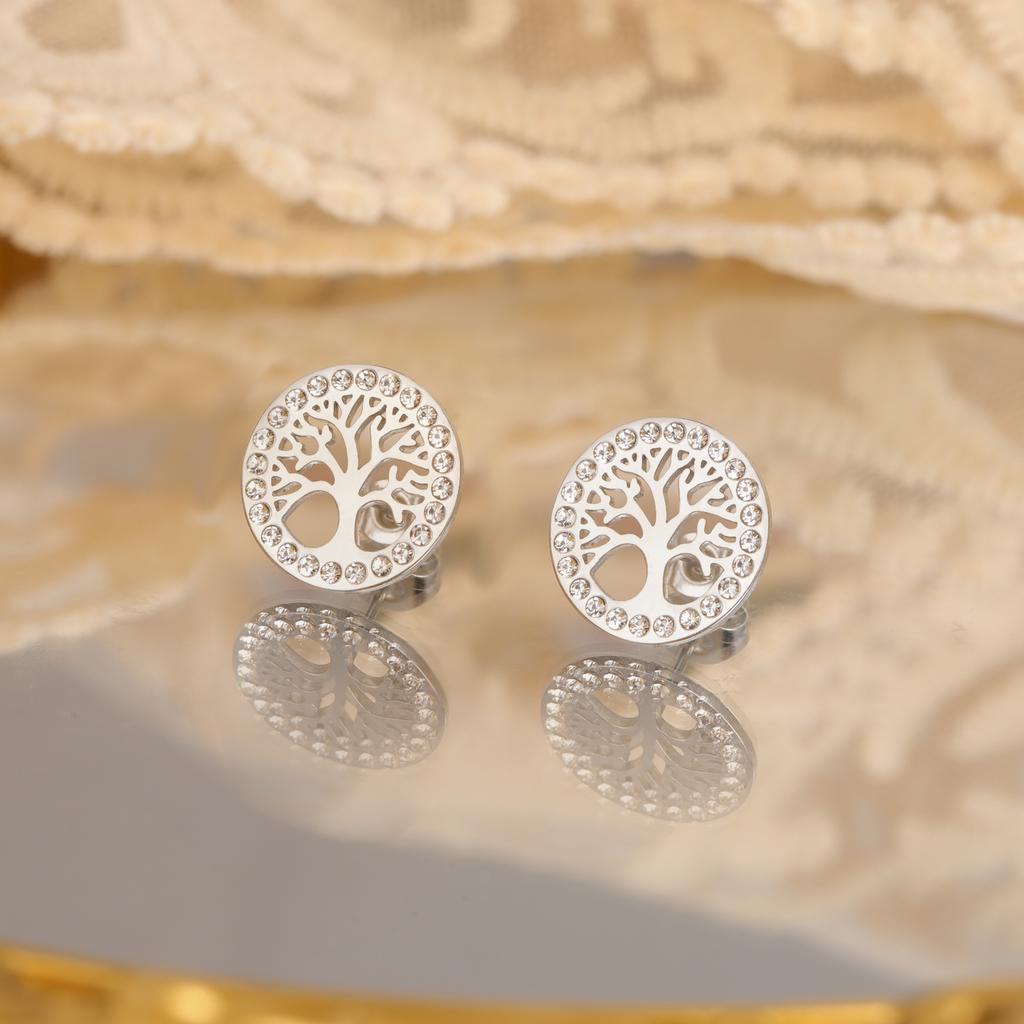 Tree of Life Clear Zircon Round Stud Earring Stainless Steel Gold Color Ear Stud Vintage Amulet Jewelry Valentine Gift