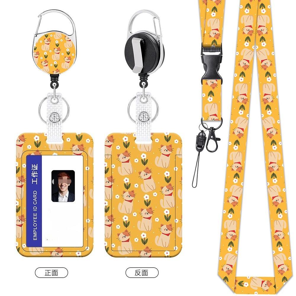 Ausweishalter mit Blumen-Katzen-Print Süßes Lanyard-Set für Damen Krankenschwester Lehrer Einziehbare Rolle Kartenclip Halter Tasche