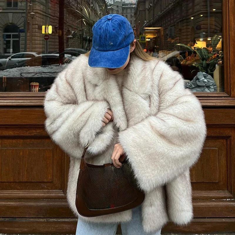 Women Elegant Fluffy Loose Fox Fur Coat Female Streetwear Long Sleeve Jacket Autumn Winter Thick Warm Faux Fur Coat