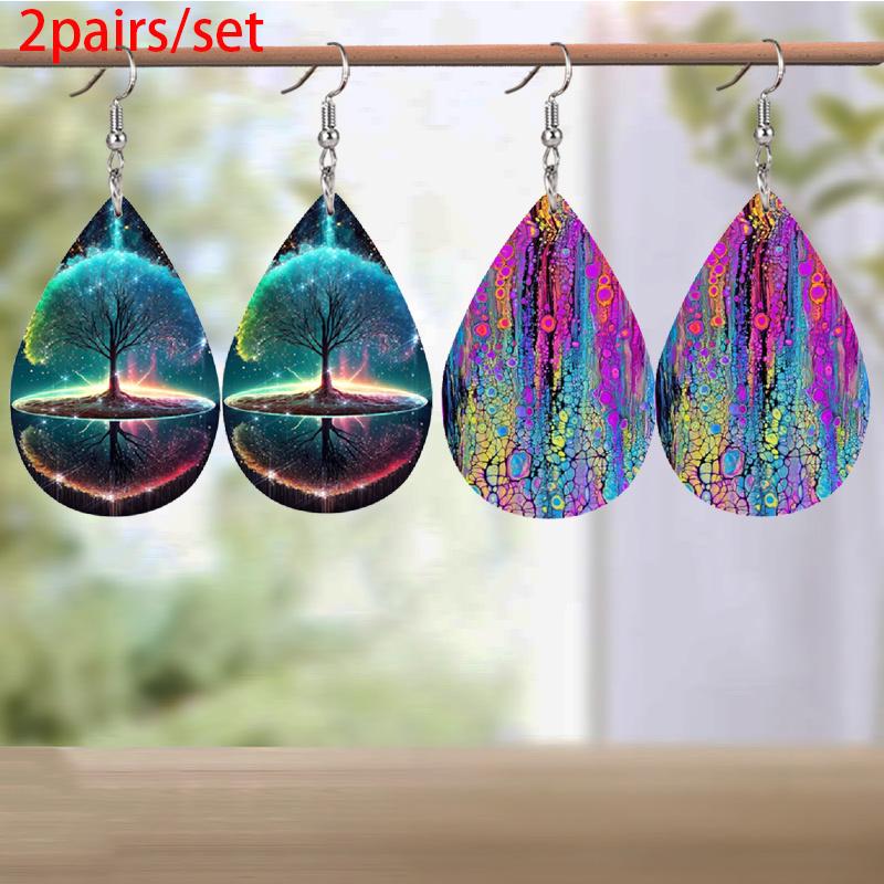 Creative Tree of Life Pattern PU Leather Earrings for Women Chic Colorful Dot Pattern Tears Earrings Trendy Female Earrings Jewelry Gifts