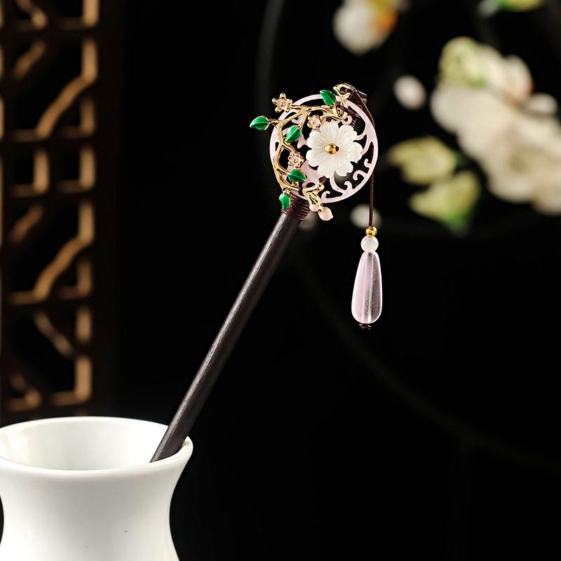 1PC Elegant Flower Hair Accessories Wooden Hairpin Tassel Ancient Style Exquisite High-end