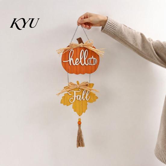 Fireplace Mantel Harvest Sign Hello Fall Wooden Hanging Sign, Pumpkin Maple Leaf Door Hanger with Thanksgiving Tassel, Autumn Wall Decor, Farmhouse